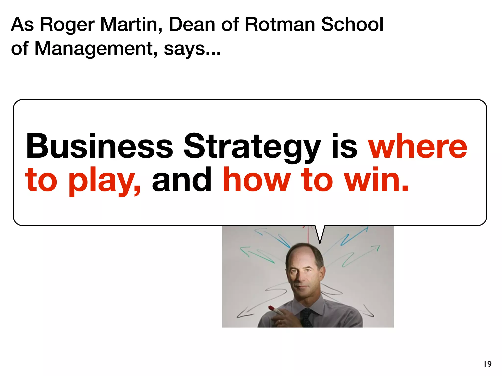 As Roger Martin, Dean of Rotman School
of Management, says...




 Business Strategy is where
 to play, and how to win.




                                         19
 