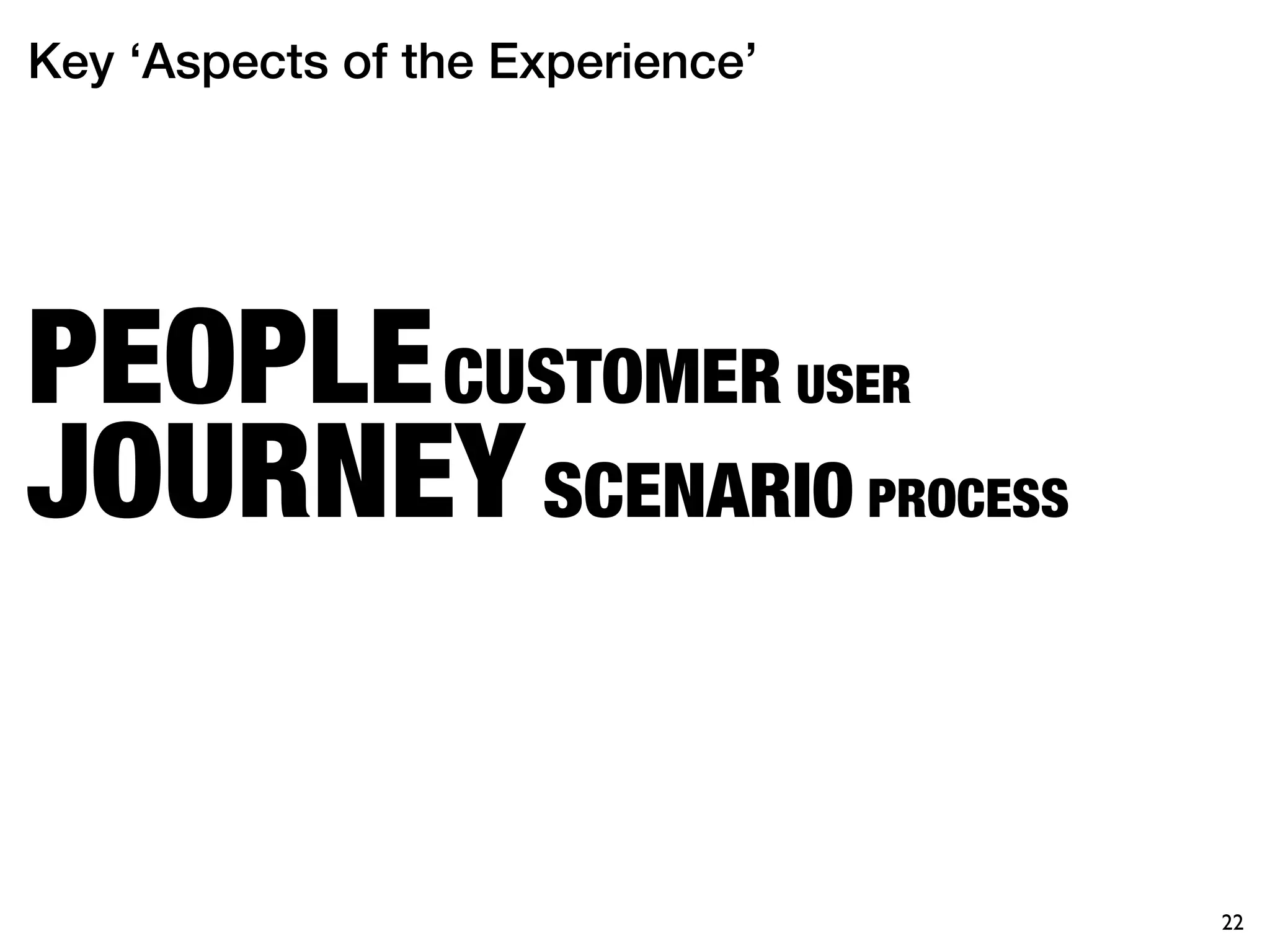 Key ‘Aspects of the Experience’




PEOPLE CUSTOMER USER
JOURNEY SCENARIO PROCESS


                                  22
 