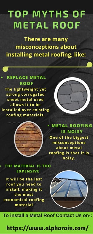 There are many
misconceptions about
installing metal roofing, like:
The lightweight yet
strong corrugated
sheet metal used
allows it to be
installed over existing
roofing materials.
One of the biggest
misconceptions
about metal
roofing is that it is
noisy.
REPLACE METAL
ROOF
METAL ROOFING
IS NOISY
TOP MYTHS OF
METAL ROOF
It will be the last
roof you need to
install, making it
the most
economical roofing
material
THE MATERIAL IS TOO
EXPENSIVE
https://www.alpharain.com/
To install a Metal Roof Contact Us on-:
 