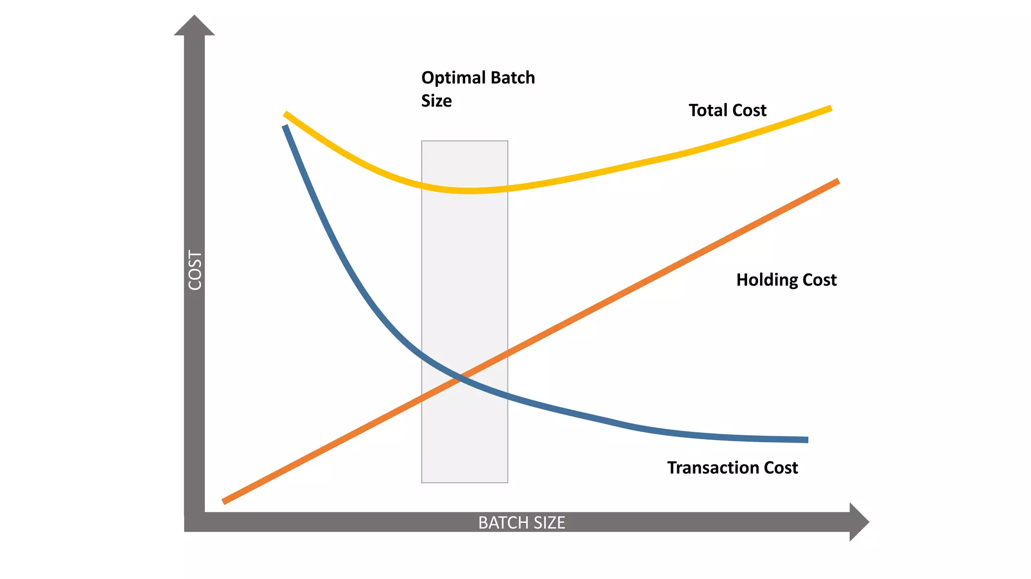 COST
BATCH SIZE
Transaction Cost
Holding Cost
Total Cost
Optimal Batch
Size
 