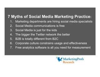 7 Myths of Social Media Marketing Practice:
 1.   Marketing departments are hiring social media specialists
 2.   Social M...