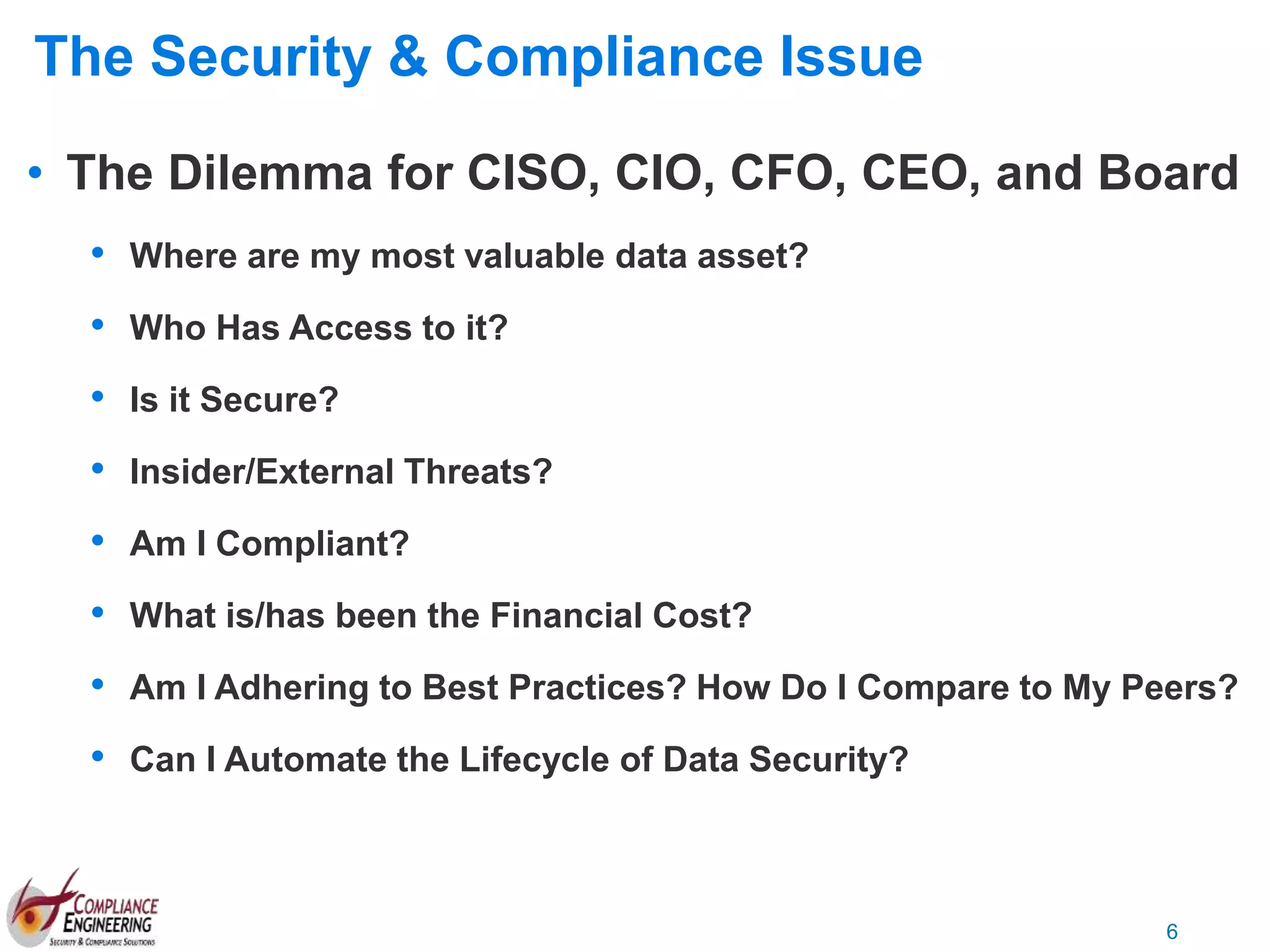 6
• The Dilemma for CISO, CIO, CFO, CEO, and Board
• Where are my most valuable data asset?
• Who Has Access to it?
• Is it Secure?
• Insider/External Threats?
• Am I Compliant?
• What is/has been the Financial Cost?
• Am I Adhering to Best Practices? How Do I Compare to My Peers?
• Can I Automate the Lifecycle of Data Security?
The Security & Compliance Issue
 