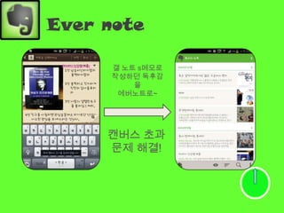 Ever note

      갤 노트 s메모로
      작성하던 독후감
          을
       에버노트로~




     캔버스 초과
     문제 해결!
 