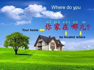 Where do you
live?
nǐ jiā zài nǎ er

Your home

你 家 在 哪儿？
be located where

 