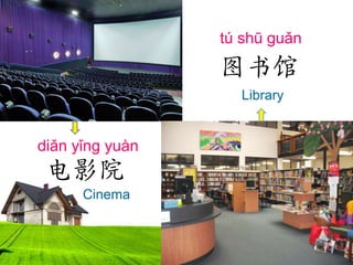 tú shū guǎn

图书馆
Library

diǎn yǐng yuàn

电影院
Cinema

 