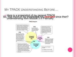 MY TPACK UNDERSTANDING BEFORE…
 Here is a screenshot of my general TPACK
understanding from Module 5 in February:
So, how much of my knowledge has changed since then?
 