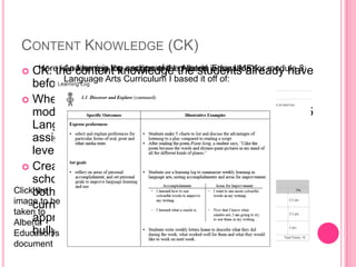 CONTENT KNOWLEDGE (CK)
 CK: the content knowledge the students already have
before being assigned a task.
 When designing a Learning Management System in
module 8, I had a chance to explore Alberta’s grade 5
Language Arts curriculum to make sure my
assignments and quizzes were appropriate for the
level I chose.
 Creating a screen cast and exploring appropriate
school vendors also allowed me to learn more about
both Alberta and Canada’s elementary school
curricular content. I discovered tons of lessons
appropriate for grades 1-6 on things like
bullying, science, math and more!
Here is a learning log assignment I created in my LMS for module 8:And here is the section of the Alberta Education’s
Language Arts Curriculum I based it off of:
Click the
image to be
taken to
Alberta
Education’s
document
 