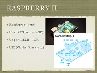 RASPBERRY Π
Raspberry π -> 37€
Un vrai OS (sur carte SD)
Un port HDMI + RCA
USB (Clavier, Souris, etc.)
 