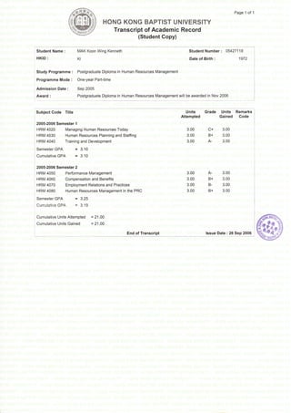 Page┤   of┤


                                             HUNGKUNGBAPT︳ STVN︳ VERSITY
                                                   TranscHpt ofAcadern:cRecord
                                                            StudentCopy｝
                                                            ｛

 StudentName:               MAKKoonW｜ ngKenneth                                      StudentNumber: U5427﹁ 18
 HK︳   D:                   K｛                                                        DateofB:rth:                       η9


 StudyProgramme:            PostgraduateDip︳ oma︳ nHumanResourcesManagement

 ProgrammeMode:             Une-YearPart-Ⅱ me

｜Admi● s:onDate:            Sep2UU5
iAward:                     PostgraduateDip｜ oma︳ nHumanResourcesManagementvviⅡ     beawardedinNov2UU6


Suㄐ ectC° de T︳ e      t︳                                                           Vn｛ s     Grade         Un∥ S       RemarkS
                                                                                  Attempted                 Ga︳   ned    Code
 2U。 5-2UU6SemeSter●
                                                                                                    c
 HRM4U2U         ManagingHumanResources┬ oday                                       3UU             +
                                                                                                    ∥
                                                                                                             3UU
 HRM4U3U         HumanResourcesP｜ anningandStamng                                   3.UU                     3UU
                                                                                                        〦
 HRM4U4U              ┬rain︳ ngandDeve︳   opment                                    3.UU                     3UU
 SemesterGPA                = 31U
 Cumu︳ aIVeGPA              = 31U

 2UU5-2UU6SemeSter2
                                                                                    3UU
                                                                                                A

 HRM4U5U    Pe｜ fUrmanceManagement                                                              B
                                                                                                B
                                                                                                B
                                                                                                             3UU
 HRM4U6U     C。 mpensatonandBeneΠ ts                                                3UU                      3UU
 HRAl)4U7U   Emp︳ oymentRe︳ a臼 onSandPracuces                                       3UU                      3.UU
 HRM4U8U          HumanResourcesManagement㏑ thePRC                                  3.UU                     3UU
 SemeSterGPA                = 325
 CurF,u｜    aIveGPA         = 319

 Cumu︳      auveVnitsAttempted      =2┤ .UU
 Cumu｜      auveUnitsGained          =21UU

                                                       EndoftranScr:pt                         ssueDate:26Sep2U。 6
                                                                                               ︳
 