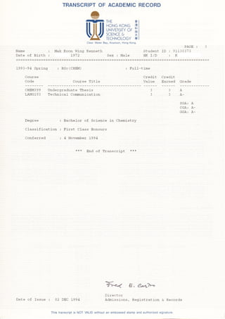 TRANSCR︳ PTUF ACADEM︳ CR匚 CURD




                                                                                                                     PAC,E
Name                         凹° K。
                               k﹉           rl Wing                                       Student ID         9113U373
Dd乜 e     f Birth                          。1972                     Sex : Mdle           HK 工/D              K
         。


1993-94﹉ Sprih。                       : BSd(CHEM)                               : Ful1-time

        Course                                                                            Credi七    Credi乜
        Code                                 Course Title                                 Value     Earned Grade

        CHEM399        Ψ d● σ
                        ●    r.dtla七 e
                                  l   TheSis                                                                    A
        LAlWG1U3       Teehnical C° mmunicatioh                                                                 A-

                                                                                                                SGA: A
                                                                                                                eGA: A＿
                                                                                                                C,C,A: A-

        Degree                          Badhe1or of Science in Chem工 s七 ry
        Classifica七        i° n         FirS七   ClaSS Honours
        C。 hf● rred                      4 N。 ve㏑ber       1994


                                                        End Φ Transqrlpt *● *
                                                             f




                                                                                  ε.θ加θ-.

                                                                   Director
Dd七 e        f   ISSue :    U2 DEC 1994                ﹉           Admissionsf Registration & Records
         。



                           th｜   StranScr｜ pt︳ SNUT   VAL｜ Dw︳ thoui anembossedstampandauthorizedSignature
 