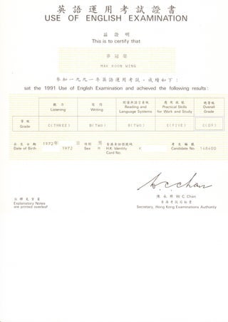 英                                 書
                              匚
                                扛
                                       ●口       運 用 考 試 證 矧
                      US             U「         匚NG凵 SH 匚XAM︳ N  UN
                                                               茲    證      明
                                                    ┬ s｜ stUcert｜ fythat
                                                     h｜




                                                               蠜    冠     褮

                                                          冉AK      K◇    銊 怭 I瞣 G
                                                                        。


                              參加 一 九 九 一 年 英語 運 用考 試                                   ,戌    績如 下              :




        Sat the η99η ∪se of 匚 ish 匚
                             ng｜   xan∩ inatiUn and achieved the fU∥ Uwing resu｜ tS:



                                                                          閱讀 與 語 言 系統              應 用 技 能                    總等級
                          聽    刀                    寫    作
                                                                            Readin9and            Practica︳ SkⅡ ︳
                                                                                                                s             Uvera∥
                         Listenin9                  Wr︳ ting
                                                                         └angua9eSystems      fUrWUrkandStudy                 Grade
       等級
       針 曲
        a               C(t虥 REE)               B(T睇 U)                       B(丁 W◇ 〕                E〔   FIVE)              雹(U9〕



                                                         襞
                                                懰        彳
出   生     日 期     璻97巨 年                曰                      香 溶 身份 證 號碼                                 考       生 編   號
                                            s            眲
DateUfBirth                     1972        e                  HK  ︳
                                                                   dentity                                 Cand｜   dateNU    瓘48每 UU
                                            x                  CardNU




                                                                                              陳   永    照       WCChan
註 釋 見 肯 頁
EXp︳   anatUryNUtes                                                                               香港 考試 局 秘 書
are printed Uver︳ eaf                                                               Secretary.HUngKUn9Examinat︳ UnsAuthUrity
 