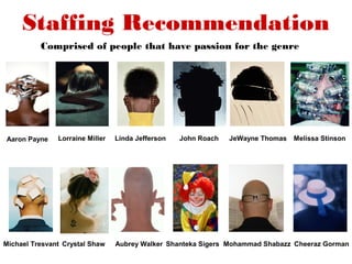 Staffing Recommendation
          Comprised of people that have passion for the genre




Aaron Payne    Lorraine Miller   Linda Jefferson   John Roach   JeWayne Thomas   Melissa Stinson




Michael Tresvant Crystal Shaw    Aubrey Walker Shanteka Sigers Mohammad Shabazz Cheeraz Gorman
 
