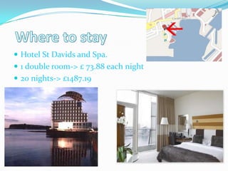  Hotel St Davids and Spa.
 1 double room-> £ 73.88 each night
 20 nights-> £1487.19
 