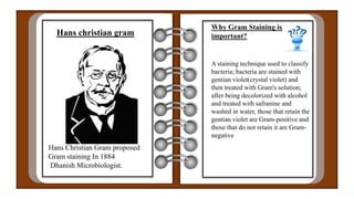 Hans christian gram
Hans Christian Gram proposed
Gram staining In 1884
Dhanish Microbiologist.
Why Gram Staining iss
important?
A staining technique used to classify
bacteria; bacteria are stained with
gentian violet(crystal violet) and
then treated with Gram's solution;
after being decolorized with alcohol
and treated with safranine and
washed in water, those that retain the
gentian violet are Gram-positive and
those that do not retain it are Gram-
negative
 