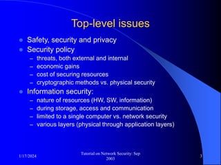 1/17/2024
Tutorial on Network Security: Sep
2003
3
Top-level issues
 Safety, security and privacy
 Security policy
– threats, both external and internal
– economic gains
– cost of securing resources
– cryptographic methods vs. physical security
 Information security:
– nature of resources (HW, SW, information)
– during storage, access and communication
– limited to a single computer vs. network security
– various layers (physical through application layers)
 