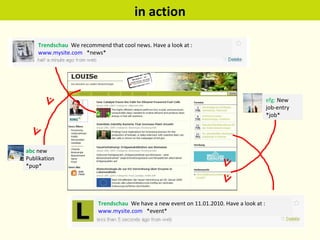 efg:  New job-entry *job* abc  new  Publikation *pup* in action Trendschau  We have a new event on 11.01.2010. Have a look at :  www.mysite.com   *event* Trendschau  We recommend that cool news. Have a look at :  www.mysite.com   *news* 