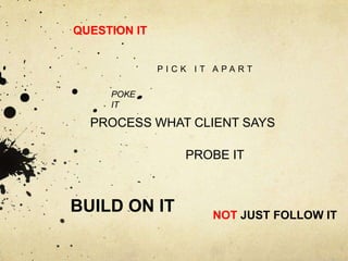 QUESTION IT


              PICK IT APART

     POKE
     IT

  PROCESS WHAT CLIENT SAYS

                 PROBE IT



BUILD ON IT          NOT JUST FOLLOW IT
 