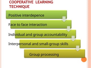 COOPERATIVE LEARNING
TECHNIQUE
Positive interdepence
Face to face interaction
Individual and group accountability
Interpersonal and small-group skills
Group processing
 