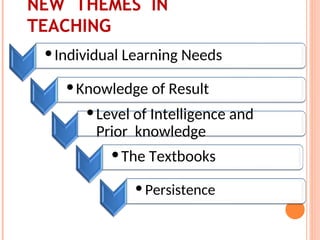•Individual Learning Needs
•Knowledge of Result
•Level of Intelligence and
Prior knowledge
•The Textbooks
• Persistence
NEW THEMES IN
TEACHING
 