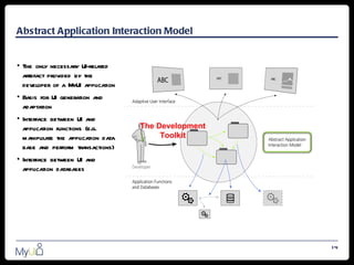 Abstract Application Interaction Model


• The only necessary UI-related
  artefact provided by the
  developer of a MyUI application
• Basis for UI generation and
  adaptation
• Interface between UI and
  application functions (e.g.       The Development
  manipulate the application data        Toolkit
  base and perform transactions)
• Interface between UI and
  application databases




                                                      14
 
