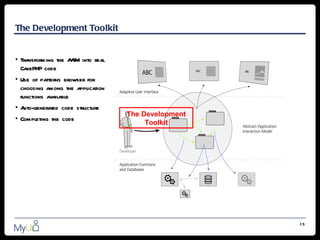 The Development Toolkit


• Transforming the A IM into real
                    A
  CakePHP code
• Use of patterns browser for
  choosing among the application
  functions available
•Auto-generated code structure
                                    The Development
• Completing the code
                                         Toolkit




                                                      15
 