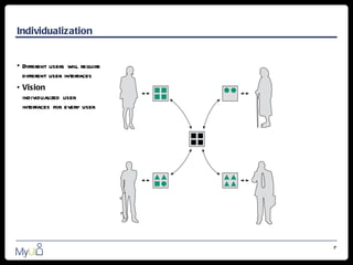 Individualization


• Different users will require
  different user interfaces
• Vision
  individualized user
  interfaces for every user




                                 7
 