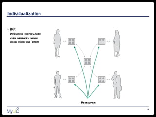 Individualization


• But
  Developing individualized
  user interfaces would
  mean enormous effort




                              Developer
                                          9
 