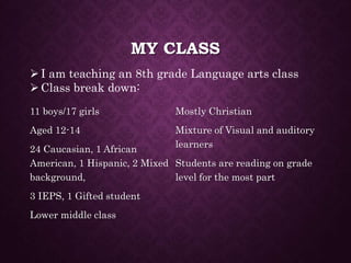 MY CLASS
I am teaching an 8th grade Language arts class
Class break down:
11 boys/17 girls
Aged 12-14
24 Caucasian, 1 African
American, 1 Hispanic, 2 Mixed
background,
3 IEPS, 1 Gifted student
Lower middle class
Mostly Christian
Mixture of Visual and auditory
learners
Students are reading on grade
level for the most part