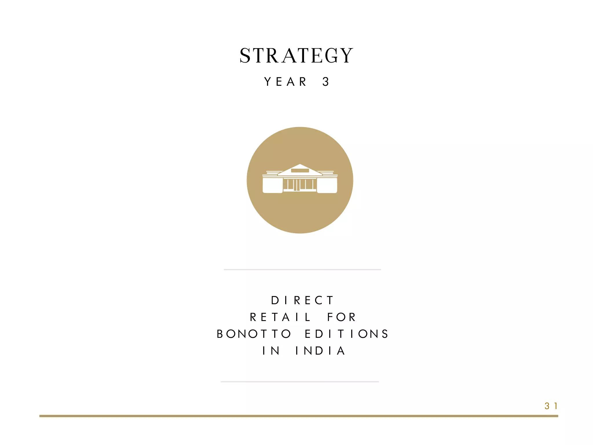 STRATEGY
YEAR 3
DIRECT
RETAIL FOR
BONOTTO EDITIONS
IN INDIA
31
 