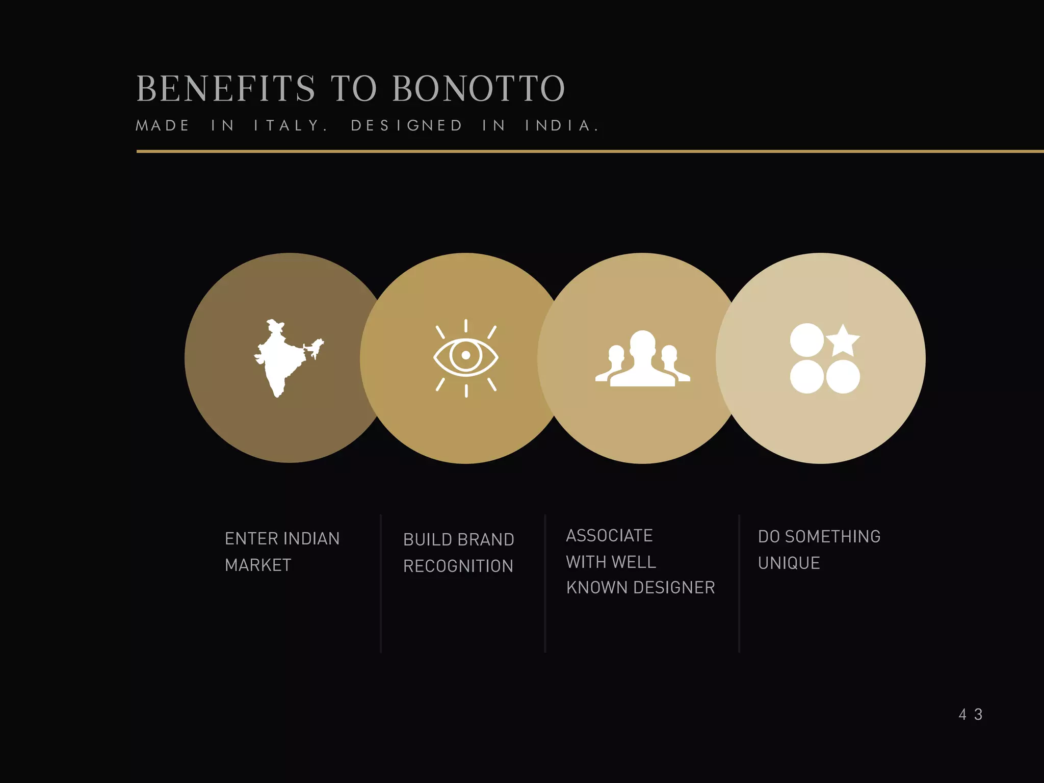 BENEFITS TO BONOTTO
MADE IN ITALY. DESIGNED IN INDIA.
ENTER INDIAN
MARKET
BUILD BRAND
RECOGNITION
ASSOCIATE
WITH WELL
KNOWN DESIGNER
DO SOMETHING
UNIQUE
43
 