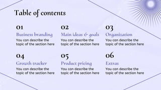 Table of contents
Business branding Main ideas & goals
Growth tracker Product pricing
You can describe the
topic of the se...