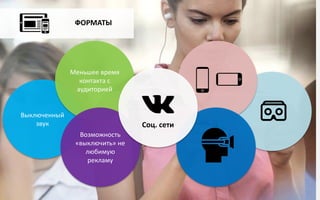 ФОРМАТЫ
Выключенный
звук
Меньшее время
контакта с
аудиторией
Возможность
«выключить» не
любимую
рекламу
Соц. сети
 