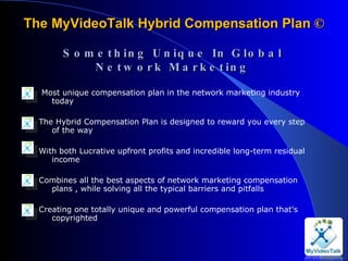 The MyVideoTalk Hybrid Compensation Plan  ©   Most unique compensation plan in the network marketing industry today The Hybrid Compensation Plan is designed to reward you every step of the way  With both Lucrative upfront profits and incredible long-term residual income  Combines all the best aspects of network marketing compensation plans , while solving all the typical barriers and pitfalls   Creating one totally unique and powerful compensation plan that's copyrighted Something Unique In Global Network Marketing 