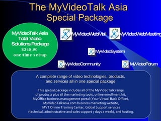 The MyVideoTalk Asia  Special Package A complete range of video technologies, products,  and services all in one special package  This special package includes all of the MyVideoTalk range  of products plus all the marketing tools, online enrollment kit,  MyOffice business management portal (Your Virtual Back Office),  MyVideoTalkAsia.com business marketing website, MVT Online Training Center, Global Support services  (technical, administrative and sales support 7 days a week), and hosting.                         MyVideoWebMail MyVideoWebMeeting MyVideoCommunity MyVideoSystem MyVideoForum MyVideoTalk Asia  Total Video  Solutions Package $348.90  one-time set-up 