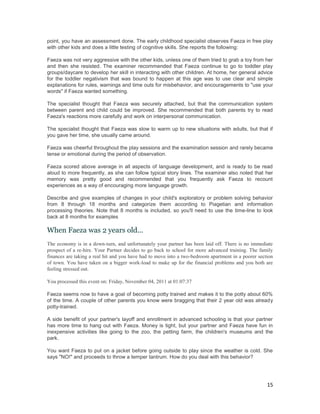 point, you have an assessment done. The early childhood specialist observes Faeza in free play
with other kids and does a little testing of cognitive skills. She reports the following:

Faeza was not very aggressive with the other kids, unless one of them tried to grab a toy from her
and then she resisted. The examiner recommended that Faeza continue to go to toddler play
groups/daycare to develop her skill in interacting with other children. At home, her general advice
for the toddler negativism that was bound to happen at this age was to use clear and simple
explanations for rules, warnings and time outs for misbehavior, and encouragements to "use your
words" if Faeza wanted something.

The specialist thought that Faeza was securely attached, but that the communication system
between parent and child could be improved. She recommended that both parents try to read
Faeza's reactions more carefully and work on interpersonal communication.

The specialist thought that Faeza was slow to warm up to new situations with adults, but that if
you gave her time, she usually came around.

Faeza was cheerful throughout the play sessions and the examination session and rarely became
tense or emotional during the period of observation.

Faeza scored above average in all aspects of language development, and is ready to be read
aloud to more frequently, as she can follow typical story lines. The examiner also noted that her
memory was pretty good and recommended that you frequently ask Faeza to recount
experiences as a way of encouraging more language growth.

Describe and give examples of changes in your child's exploratory or problem solving behavior
from 8 through 18 months and categorize them according to Piagetian and information
processing theories. Note that 8 months is included, so you'll need to use the time-line to look
back at 8 months for examples

When Faeza was 2 years old...
The economy is in a down-turn, and unfortunately your partner has been laid off. There is no immediate
prospect of a re-hire. Your Partner decides to go back to school for more advanced training. The family
finances are taking a real hit and you have had to move into a two-bedroom apartment in a poorer section
of town. You have taken on a bigger work-load to make up for the financial problems and you both are
feeling stressed out.

You processed this event on: Friday, November 04, 2011 at 01:07:37

Faeza seems now to have a goal of becoming potty trained and makes it to the potty about 60%
of the time. A couple of other parents you know were bragging that their 2 year old was already
potty-trained.

A side benefit of your partner's layoff and enrollment in advanced schooling is that your partner
has more time to hang out with Faeza. Money is tight, but your partner and Faeza have fun in
inexpensive activities like going to the zoo, the petting farm, the children's museums and the
park.

You want Faeza to put on a jacket before going outside to play since the weather is cold. She
says "NO!" and proceeds to throw a temper tantrum. How do you deal with this behavior?




                                                                                                     15
 