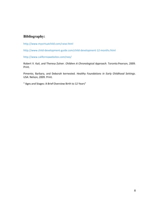 Bibliography:
http://www.myvirtualchild.com/raise.html

http://www.child-development-guide.com/child-development-12-months.html

http://www.californiawebsites.com/neo/

Robert V. Kail, and Theresa Zolner. Children A Chronological Approach. Toronto:Pearson, 2009.
Print.

Pimento, Barbara, and Deborah kernested. Healthy Foundations in Early Childhood Settings.
USA: Nelson, 2009. Print.

“ Ages and Stages: A Brief Overview Birth to 12 Years”




                                                                                           8
 