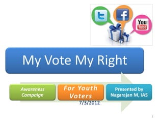 My Vote My Right
Awareness   For Youth       Presented by
Campaign     Voters        Nagarajan M, IAS
                7/3/2012

                                              1
 