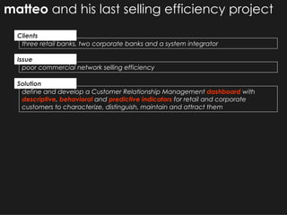 matteo  and his last selling efficiency project define and develop a Customer Relationship Management  dashboard  with  descriptive ,  behavioral  and  predictive   indicators  for retail and corporate customers to characterize, distinguish, maintain and attract them three retail banks, two corporate banks and a system integrator poor commercial network selling efficiency Solution Clients Issue 