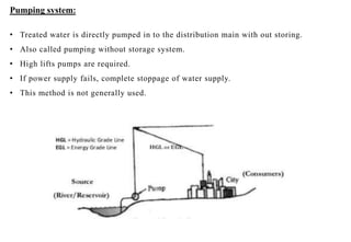 Pumping system:
• Treated water is directly pumped in to the distribution main with out storing.
• Also called pumping wit...