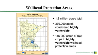 greenlandsbluewaters.org
• 1.2 million acres total
• 360,000 acres
considered highly
vulnerable
• 115,000 acres of row
crops in highly
vulnerable wellhead
protection areas
Wellhead Protection Areas
 