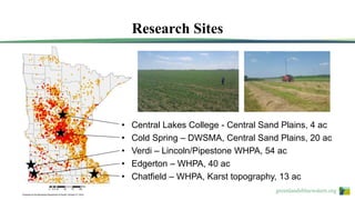 greenlandsbluewaters.org
• Central Lakes College - Central Sand Plains, 4 ac
• Cold Spring – DWSMA, Central Sand Plains, 20 ac
• Verdi – Lincoln/Pipestone WHPA, 54 ac
• Edgerton – WHPA, 40 ac
• Chatfield – WHPA, Karst topography, 13 ac
Research Sites
 