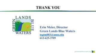 greenlandsbluewaters.org
THANK YOU
Erin Meier, Director
Green Lands Blue Waters
tegtm003@umn.edu
612-625-3709
 