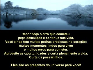 Reconheça o erro que cometeu,
peça desculpas e continue sua vida.
Você ainda tem muitas pedras preciosas no coração:
muitos momentos lindos para viver
e muitos erros para cometer.
Aproveite as oportunidades e curta plenamente a vida.
Curta os passarinhos.
Eles são os presentes do universo para você!
 
