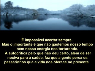 É impossível acertar sempre.
Mas o importante é que não gastemos nosso tempo
nem nossa energia nos torturando.
A autocrítica pelo que não deu certo, além de ser
nociva para a saúde, faz que a gente perca os
passarinhos que a vida nos oferece no presente.
 