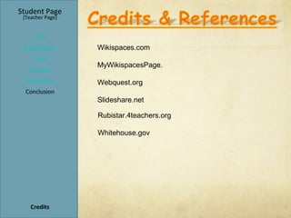 Student Page
 [Teacher Page]


     Title
 Introduction     Wikispaces.com
     Task
                  MyWikispacesPage.
   Process
  Evaluation      Webquest.org
  Conclusion
                  Slideshare.net

                  Rubistar.4teachers.org

                  Whitehouse.gov




    Credits
 