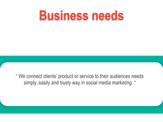 Business needs
“ We connect clients’ product or service to their audiences needs
simply, easily and trusty way in social media marketing. “
 