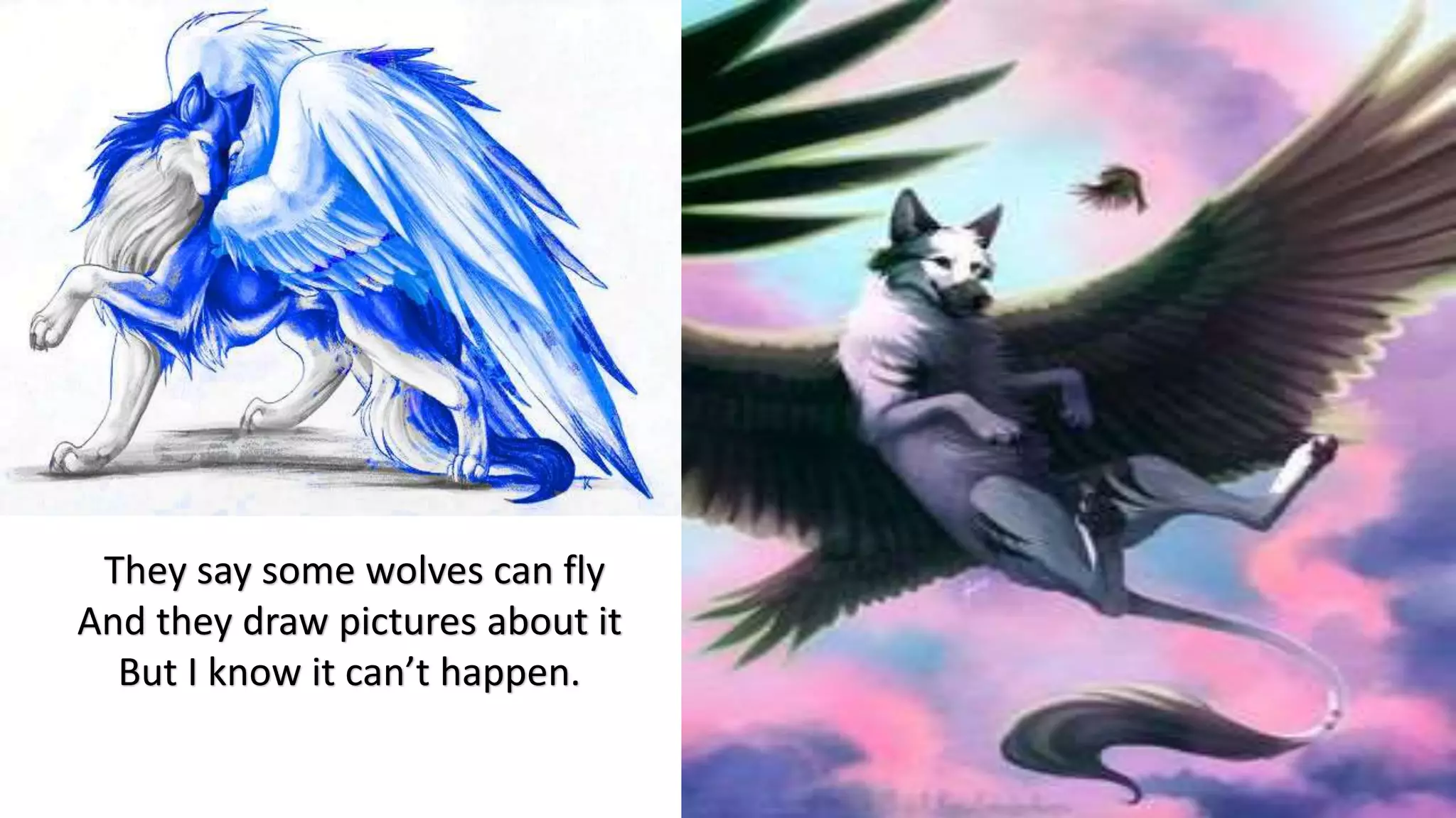 They say some wolves can fly
And they draw pictures about it
But I know it can’t happen.
 
