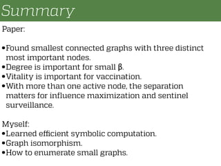 Summary
Paper:
• Found smallest connected graphs with three distinct
most important nodes.
• Degree is important for small...