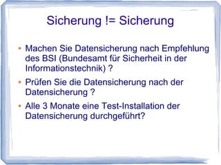 Wo lauern die Gefahren?


    Installation von Plugins aus unseriösen
    Quellen ( Bittorrent, MegaUpload usw.)

    Nutzung von Standard Parametern bei der
    Installation (z.B. Tabellen Präfix)

    MySQL Datenbank über das Internet (kein
    Restriktion auf „localhost“)

    Schon mal Ihre Webseite über Google
    Suchergebnisse aufgerufen?

    Wieviele Update-Hinweise sehen Sie heute in
    der WP-Admin Oberfläche ?
 
