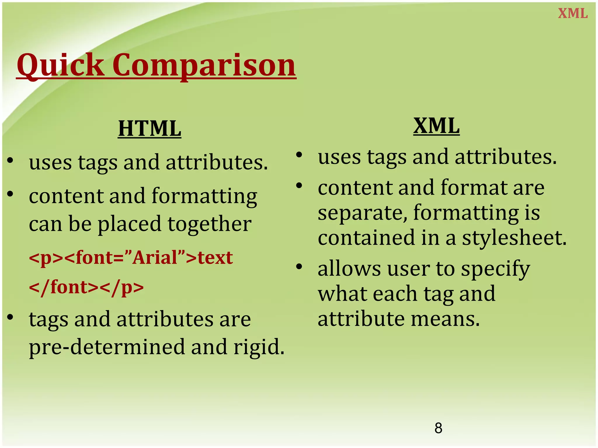 8
Quick Comparison
HTML
• uses tags and attributes.
• content and formatting
can be placed together
<p><font=”Arial”>text
</font></p>
• tags and attributes are
pre-determined and rigid.
XML
• uses tags and attributes.
• content and format are
separate, formatting is
contained in a stylesheet.
• allows user to specify
what each tag and
attribute means.
XML
 